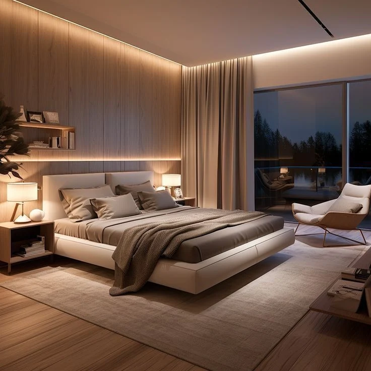 A bedroom with warm lighting and a huge glasss door and with all other decor suited to that room by the best Interior Designing Company in Malappuram