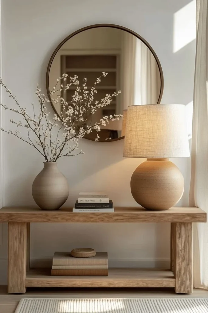 A minimalist table decorated with a round mirror, a vase with branches, and a warm table lamp, showcasing the elegant touch of an interior designing company in Malappuram.